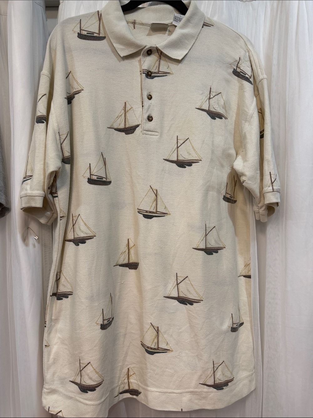 Vintage Bugle Boy Cream Polo with Navy and Brown Sailboat Print
